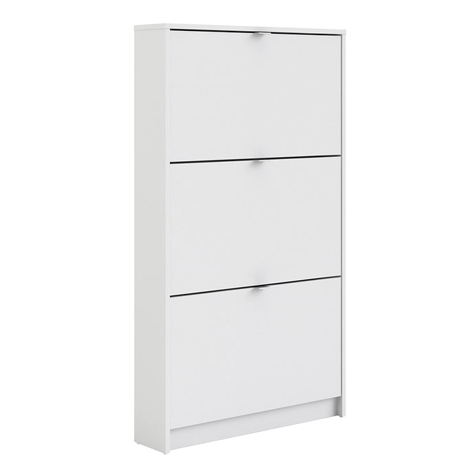 Shoes Shoe cabinet w. 3 tilting doors and 1 layer White Furniture To Go 723590024949 5713035047654 The Shoes range provides a stylish solution for any cluttered hall. The sleek design allows for plenty of shoe storage without dominating your space. Available with a number of drawers, styles and fronts, the Shoes collection makes for an attractive yet understated addition to your home decor in addition to its practical application. Dimensions: 1236mm x 703mm x 166mm (Height x Width x Depth) 
 This shoe cabin