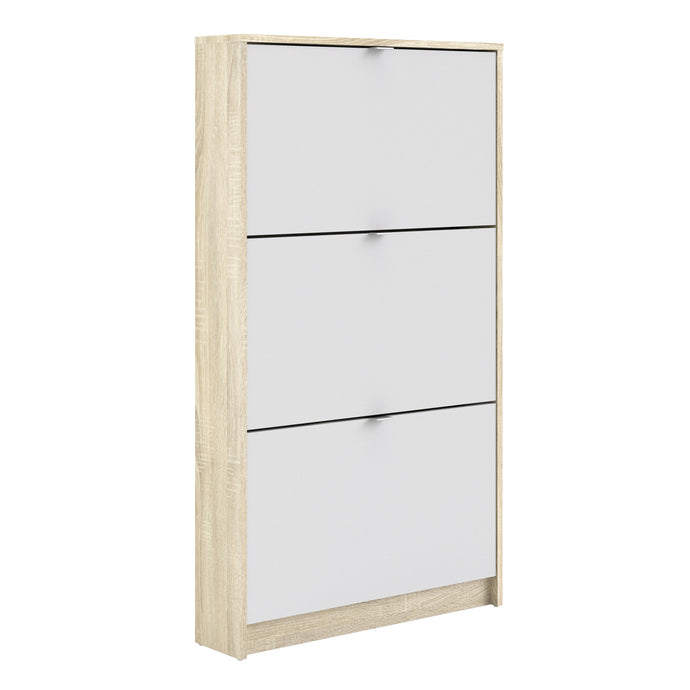 Shoes Shoe cabinet w. 3 tilting doors and 1 layer Oak structure White Furniture To Go 72359002ak49 5713035047661 The Shoes range provides a stylish solution for any cluttered hall. The sleek design allows for plenty of shoe storage without dominating your space. Available with a number of drawers, styles and fronts, the Shoes collection makes for an attractive yet understated addition to your home decor in addition to its practical application. Dimensions: 1236mm x 703mm x 166mm (Height x Width x Depth) 
 T