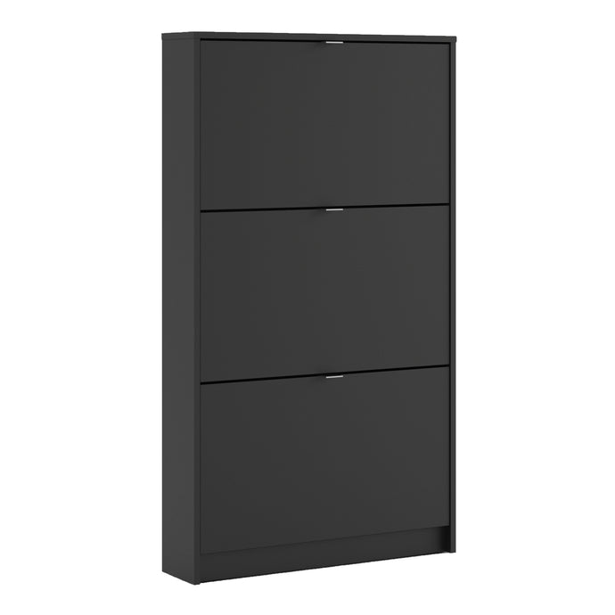 Shoes Shoe cabinet w. 3 tilting doors and 1 layer in Matt Black Furniture To Go 72359002gmgm 5713035051064 The Shoes range provides a stylish solution for any cluttered hall. The sleek design allows for plenty of shoe storage without dominating your space. Available with a number of drawers, styles and fronts, the Shoes collection makes for an attractive yet understated addition to your home decor in addition to its practical application. Dimensions: 1236mm x 703mm x 166mm (Height x Width x Depth) 
 This sh