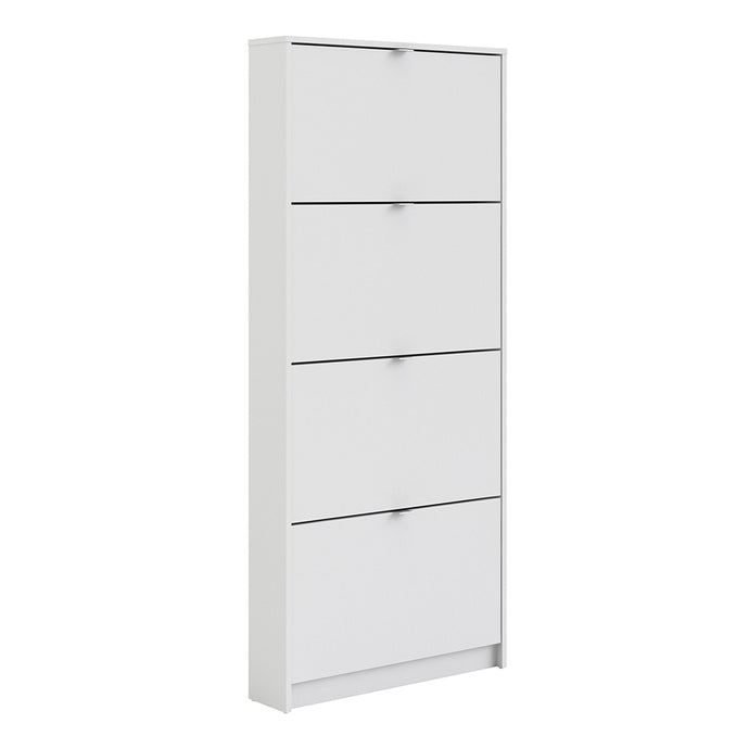 Shoes Shoe cabinet w. 4 tilting doors and 1 layer in White Furniture To Go 723590034949 5713035047678 The Shoes range provides a stylish solution for any cluttered hall. The sleek design allows for plenty of shoe storage without dominating your space. Available with a number of drawers, styles and fronts, the Shoes collection makes for an attractive yet understated addition to your home decor in addition to its practical application. Dimensions: 1620mm x 703mm x 166mm (Height x Width x Depth) 
 This shoe ca