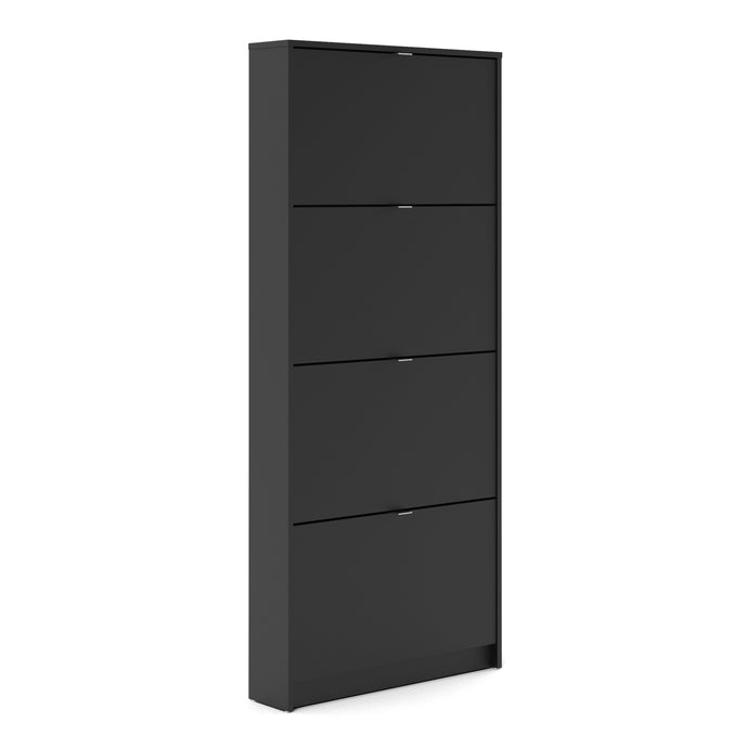 Shoes Shoe cabinet w. 4 tilting doors and 1 layer in Matt Black Furniture To Go 72359003gmgm 5713035051071 The Shoes range provides a stylish solution for any cluttered hall. The sleek design allows for plenty of shoe storage without dominating your space. Available with a number of drawers, styles and fronts, the Shoes collection makes for an attractive yet understated addition to your home decor in addition to its practical application. Dimensions: 1620mm x 703mm x 166mm (Height x Width x Depth) 
 This sh
