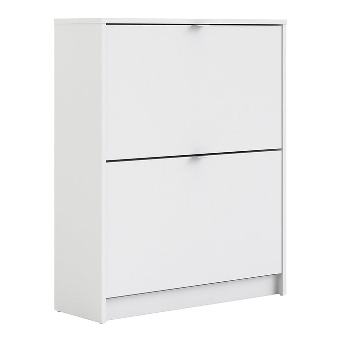 Shoes Shoe cabinet w. 2 tilting doors and 2 layers in White Furniture To Go 723590054949 5713035047715 The Shoes range provides a stylish solution for any cluttered hall. The sleek design allows for plenty of shoe storage without dominating your space. Available with a number of drawers, styles and fronts, the Shoes collection makes for an attractive yet understated addition to your home decor in addition to its practical application. Dimensions: 852mm x 703mm x 241mm (Height x Width x Depth) 
 This shoe ca