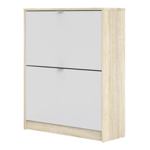 Load image into Gallery viewer, Shoes Shoe cabinet w. 2 tilting doors and 2 layers Oak structure White Furniture To Go 72359005ak49 5713035047722 The Shoes range provides a stylish solution for any cluttered hall. The sleek design allows for plenty of shoe storage without dominating your space. Available with a number of drawers, styles and fronts, the Shoes collection makes for an attractive yet understated addition to your home decor in addition to its practical application. Dimensions: 852mm x 703mm x 241mm (Height x Width x Depth) 
 T