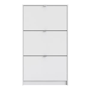 Shoes Shoe cabinet w. 3 tilting doors and 2 layers in White Furniture To Go 723590064949 5713035047739 The Shoes range provides a stylish solution for any cluttered hall. The sleek design allows for plenty of shoe storage without dominating your space. Available with a number of drawers, styles and fronts, the Shoes collection makes for an attractive yet understated addition to your home decor in addition to its practical application. Dimensions: 1236mm x 703mm x 241mm (Height x Width x Depth) 
 This shoe c