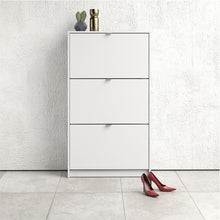 Load image into Gallery viewer, Shoes Shoe cabinet w. 3 tilting doors and 2 layers in White Furniture To Go 723590064949 5713035047739 The Shoes range provides a stylish solution for any cluttered hall. The sleek design allows for plenty of shoe storage without dominating your space. Available with a number of drawers, styles and fronts, the Shoes collection makes for an attractive yet understated addition to your home decor in addition to its practical application. Dimensions: 1236mm x 703mm x 241mm (Height x Width x Depth) 
 This shoe c