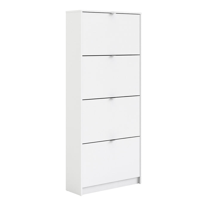 Shoes Shoe cabinet w. 4 tilting doors and 2 layers in White Furniture To Go 723590074949 5713035047753 The Shoes range provides a stylish solution for any cluttered hall. The sleek design allows for plenty of shoe storage without dominating your space. Available with a number of drawers, styles and fronts, the Shoes collection makes for an attractive yet understated addition to your home decor in addition to its practical application. Dimensions: 1620mm x 703mm x 241mm (Height x Width x Depth) 
 This shoe c