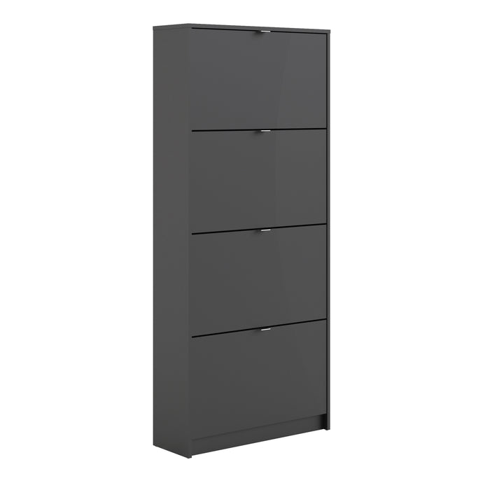 Shoes Shoe cabinet w. 4 tilting doors and 2 layers in Matt Black Furniture To Go 72359007gmgm 5713035051118 The Shoes range provides a stylish solution for any cluttered hall. The sleek design allows for plenty of shoe storage without dominating your space. Available with a number of drawers, styles and fronts, the Shoes collection makes for an attractive yet understated addition to your home decor in addition to its practical application. Dimensions: 1620mm x 703mm x 241mm (Height x Width x Depth) 
 This s