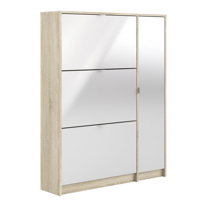 Shoes Shoe cabinet w. 3 tilting doors and 2 layers + 1 door Oak structure Furniture To Go 72359008akuu 5713035047814 The Shoes range provides a stylish solution for any cluttered hall. The sleek design allows for plenty of shoe storage without dominating your space. Available with a number of drawers, styles and fronts, the Shoes collection makes for an attractive yet understated addition to your home decor in addition to its practical application. Dimensions: 1236mm x 988mm x 241mm (Height x Width x Depth)