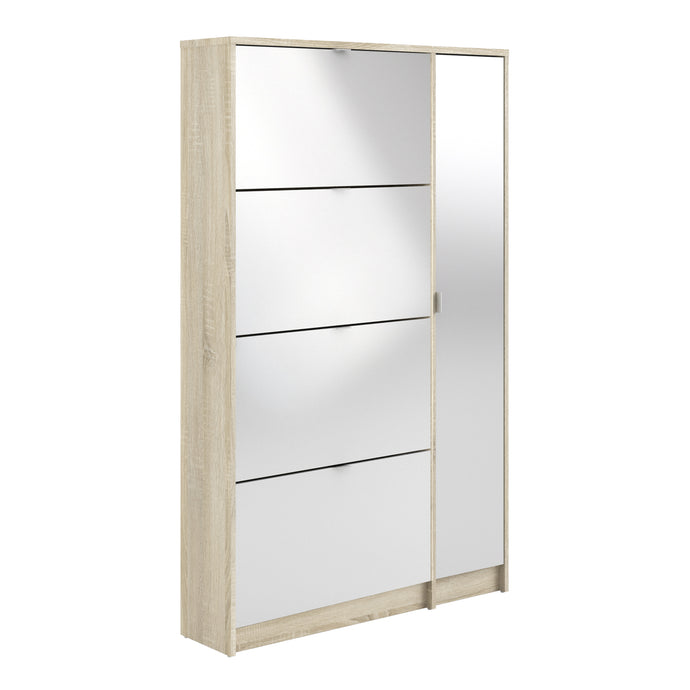 Shoes Shoe cabinet w. 4 tilting doors and 2 layers + 1 mirror door Oak structure Furniture To Go 72359009akuu 5713035047821 The Shoes range provides a stylish solution for any cluttered hall. The sleek design allows for plenty of shoe storage without dominating your space. Available with a number of drawers, styles and fronts, the Shoes collection makes for an attractive yet understated addition to your home decor in addition to its practical application. Dimensions: 1620mm x 988mm x 241mm (Height x Width x