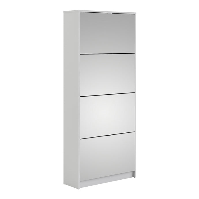 Shoes Shoe cabinet w. 4 mirror tilting doors and 2 layers in White Furniture To Go 723590104949 5713035047883 The Shoes range provides a stylish solution for any cluttered hall. The sleek design allows for plenty of shoe storage without dominating your space. Available with a number of drawers, styles and fronts, the Shoes collection makes for an attractive yet understated addition to your home decor in addition to its practical application. Dimensions: 1620mm x 703mm x 241mm (Height x Width x Depth) 
 This