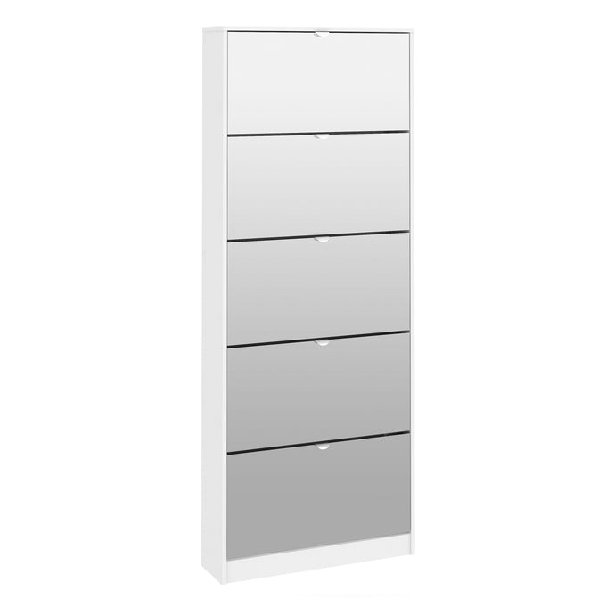 Shoes Shoe cabinet 5 Mirror tilting Doors in White Furniture To Go 7237005249 5706887989395 The Shoes range provides a stylish solution for any cluttered hall. The sleek design allows for plenty of shoe storage without dominating your space. Available with a number of drawers, styles and fronts, the Shoes collection makes for an attractive yet understated addition to your home decor in addition to its practical application. Dimensions: 1819mm x 712mm x 201mm (Height x Width x Depth) 
 Easy to open tiliting 