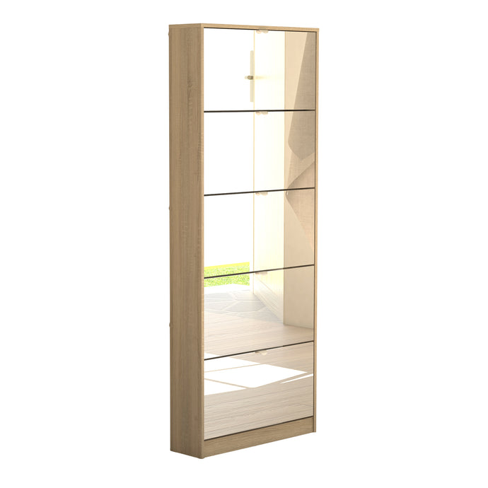 Shoes Shoe cabinet 5 Mirror tilting Doors in Oak Furniture To Go 72370052ak 5706887989401 The Shoes range provides a stylish solution for any cluttered hall. The sleek design allows for plenty of shoe storage without dominating your space. Available with a number of drawers, styles and fronts, the Shoes collection makes for an attractive yet understated addition to your home decor in addition to its practical application. Dimensions: 1819mm x 712mm x 201mm (Height x Width x Depth) 
 Easy to open tiliting do