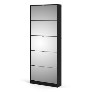 Shoes Shoe cabinet 5 Mirror tilting Doors in Black Furniture To Go 72370052gm 5713035068109 The Shoes range provides a stylish solution for any cluttered hall. The sleek design allows for plenty of shoe storage without dominating your space. Available with a number of drawers, styles and fronts, the Shoes collection makes for an attractive yet understated addition to your home decor in addition to its practical application. Dimensions: 1819mm x 712mm x 201mm (Height x Width x Depth) 
 Easy to open tiliting 