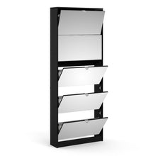 Load image into Gallery viewer, Shoes Shoe cabinet 5 Mirror tilting Doors in Black Furniture To Go 72370052gm 5713035068109 The Shoes range provides a stylish solution for any cluttered hall. The sleek design allows for plenty of shoe storage without dominating your space. Available with a number of drawers, styles and fronts, the Shoes collection makes for an attractive yet understated addition to your home decor in addition to its practical application. Dimensions: 1819mm x 712mm x 201mm (Height x Width x Depth) 
 Easy to open tiliting 
