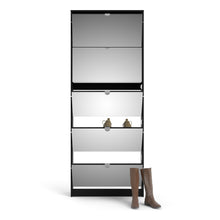 Load image into Gallery viewer, Shoes Shoe cabinet 5 Mirror tilting Doors in Black Furniture To Go 72370052gm 5713035068109 The Shoes range provides a stylish solution for any cluttered hall. The sleek design allows for plenty of shoe storage without dominating your space. Available with a number of drawers, styles and fronts, the Shoes collection makes for an attractive yet understated addition to your home decor in addition to its practical application. Dimensions: 1819mm x 712mm x 201mm (Height x Width x Depth) 
 Easy to open tiliting 