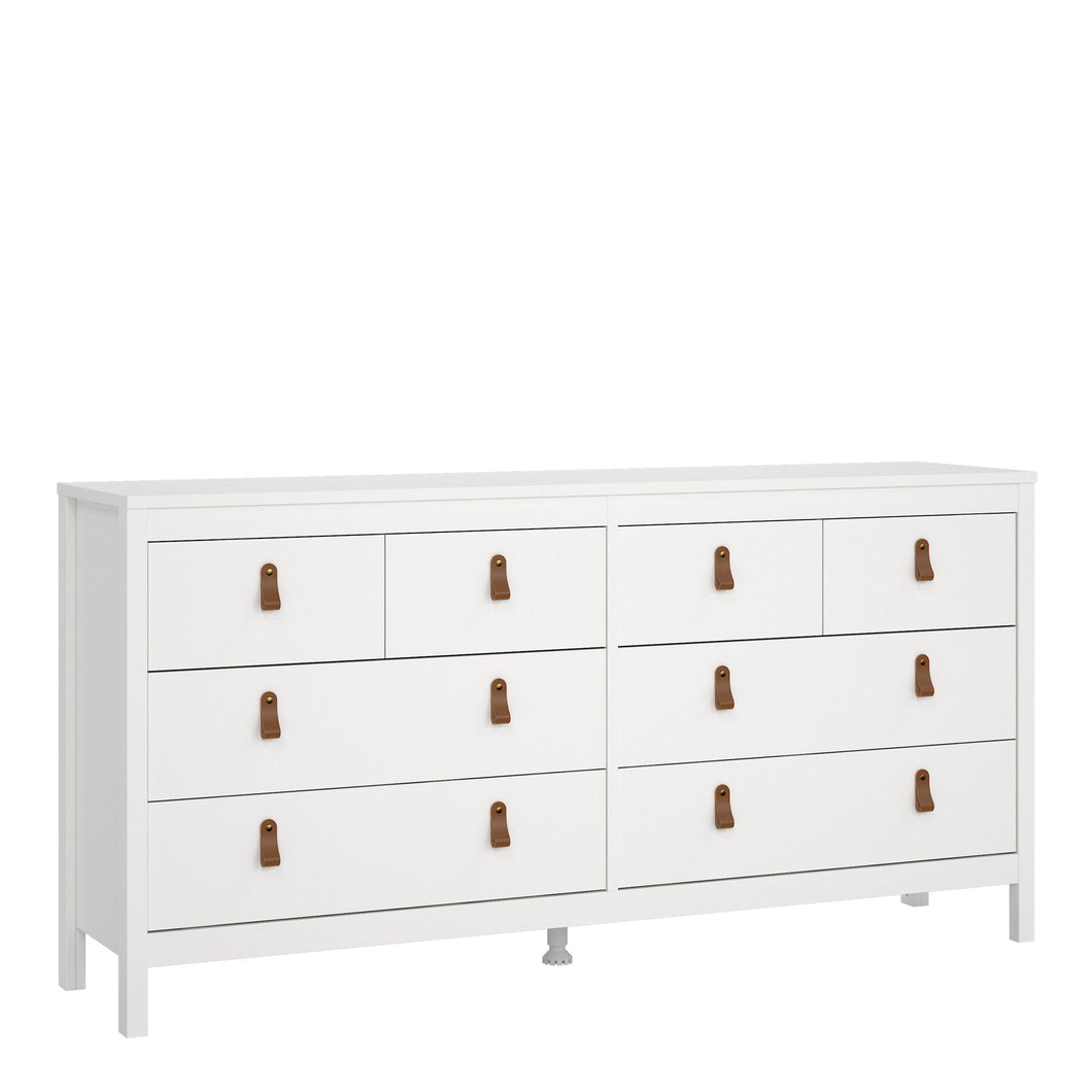 Barcelona Double dresser 4+4 drawers in White Furniture To Go 725796634949 5060653082094 A modern chest of drawers in a striking design complete with brown leather tab handles, also available in contrasting matt black Dimensions: 797mm x 1594mm x 384mm (Height x Width x Depth) 
 High quality laminated board (resistant to damage and scratches, moisture and high temperature) 
 Made from PEFC Certified sustainable wood 
 Easy self assembly 
 Made in Denmark 
 Easy gliding drawer runners 
 Assembly instructions
