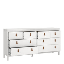 Load image into Gallery viewer, Barcelona Double dresser 4+4 drawers in White Furniture To Go 725796634949 5060653082094 A modern chest of drawers in a striking design complete with brown leather tab handles, also available in contrasting matt black Dimensions: 797mm x 1594mm x 384mm (Height x Width x Depth) 
 High quality laminated board (resistant to damage and scratches, moisture and high temperature) 
 Made from PEFC Certified sustainable wood 
 Easy self assembly 
 Made in Denmark 
 Easy gliding drawer runners 
 Assembly instructions