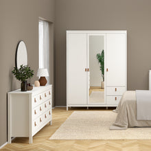 Load image into Gallery viewer, Barcelona Double dresser 4+4 drawers in White Furniture To Go 725796634949 5060653082094 A modern chest of drawers in a striking design complete with brown leather tab handles, also available in contrasting matt black Dimensions: 797mm x 1594mm x 384mm (Height x Width x Depth) 
 High quality laminated board (resistant to damage and scratches, moisture and high temperature) 
 Made from PEFC Certified sustainable wood 
 Easy self assembly 
 Made in Denmark 
 Easy gliding drawer runners 
 Assembly instructions