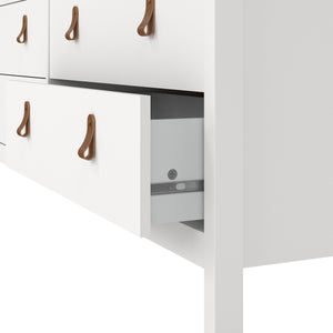Barcelona Double dresser 4+4 drawers in White Furniture To Go 725796634949 5060653082094 A modern chest of drawers in a striking design complete with brown leather tab handles, also available in contrasting matt black Dimensions: 797mm x 1594mm x 384mm (Height x Width x Depth) 
 High quality laminated board (resistant to damage and scratches, moisture and high temperature) 
 Made from PEFC Certified sustainable wood 
 Easy self assembly 
 Made in Denmark 
 Easy gliding drawer runners 
 Assembly instructions