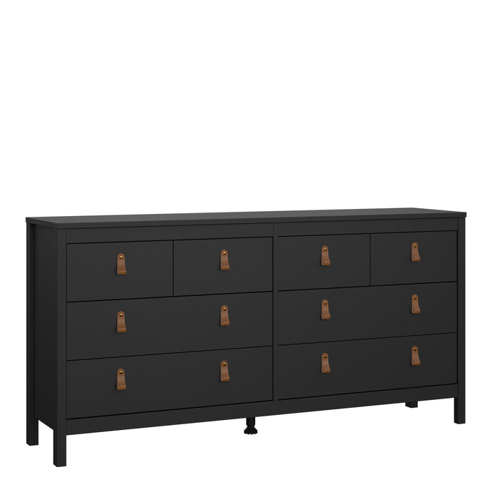 Barcelona Double dresser 4+4 drawers in Matt Black Furniture To Go 72579663gmgm 5060653082070 A modern chest of drawers in a striking design complete with brown leather tab handles, also available in white Dimensions: 797mm x 1594mm x 384mm (Height x Width x Depth) 
 High quality laminated board (resistant to damage and scratches, moisture and high temperature) 
 Made from PEFC Certified sustainable wood 
 Easy self assembly 
 Made in Denmark 
 Easy gliding drawer runners 
 Assembly instructions:
 
 https:/