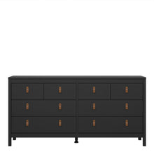 Load image into Gallery viewer, Barcelona Double dresser 4+4 drawers in Matt Black Furniture To Go 72579663gmgm 5060653082070 A modern chest of drawers in a striking design complete with brown leather tab handles, also available in white Dimensions: 797mm x 1594mm x 384mm (Height x Width x Depth) 
 High quality laminated board (resistant to damage and scratches, moisture and high temperature) 
 Made from PEFC Certified sustainable wood 
 Easy self assembly 
 Made in Denmark 
 Easy gliding drawer runners 
 Assembly instructions:
 
 https:/