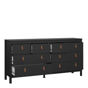Barcelona Double dresser 4+4 drawers in Matt Black Furniture To Go 72579663gmgm 5060653082070 A modern chest of drawers in a striking design complete with brown leather tab handles, also available in white Dimensions: 797mm x 1594mm x 384mm (Height x Width x Depth) 
 High quality laminated board (resistant to damage and scratches, moisture and high temperature) 
 Made from PEFC Certified sustainable wood 
 Easy self assembly 
 Made in Denmark 
 Easy gliding drawer runners 
 Assembly instructions:
 
 https:/