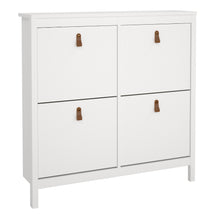 Load image into Gallery viewer, Barcelona Shoe cabinet 4 compartments in White Furniture To Go 725796654949 5060653086535 A modern shoe cabinet with four storage compartments in a striking design complete with brown leather tab handles, also available in contrasting matt black Dimensions: 1029mm x 1024mm x 246mm (Height x Width x Depth) 
 High quality laminated board (resistant to damage and scratches, moisture and high temperature) 
 Made from PEFC Certified sustainable wood 
 Easy self assembly 
 Made in Denmark 
 High quality fixings a