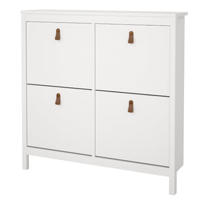 Barcelona Shoe cabinet 4 compartments in White Furniture To Go 725796654949 5060653086535 A modern shoe cabinet with four storage compartments in a striking design complete with brown leather tab handles, also available in contrasting matt black Dimensions: 1029mm x 1024mm x 246mm (Height x Width x Depth) 
 High quality laminated board (resistant to damage and scratches, moisture and high temperature) 
 Made from PEFC Certified sustainable wood 
 Easy self assembly 
 Made in Denmark 
 High quality fixings a