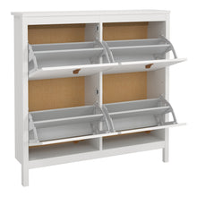 Load image into Gallery viewer, Barcelona Shoe cabinet 4 compartments in White Furniture To Go 725796654949 5060653086535 A modern shoe cabinet with four storage compartments in a striking design complete with brown leather tab handles, also available in contrasting matt black Dimensions: 1029mm x 1024mm x 246mm (Height x Width x Depth) 
 High quality laminated board (resistant to damage and scratches, moisture and high temperature) 
 Made from PEFC Certified sustainable wood 
 Easy self assembly 
 Made in Denmark 
 High quality fixings a