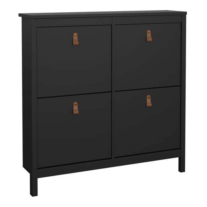 Barcelona Shoe cabinet 4 compartments in Matt Black Furniture To Go 72579665gmgm 5060653082193 A modern shoe cabinet with four storage compartments in a striking design complete with brown leather tab handles, also available in white Dimensions: 1029mm x 1024mm x 246mm (Height x Width x Depth) 
 High quality laminated board (resistant to damage and scratches, moisture and high temperature) 
 Made from PEFC Certified sustainable wood 
 Easy self assembly 
 Made in Denmark 
 High quality fixings and hinges us