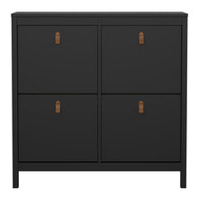 Load image into Gallery viewer, Barcelona Shoe cabinet 4 compartments in Matt Black Furniture To Go 72579665gmgm 5060653082193 A modern shoe cabinet with four storage compartments in a striking design complete with brown leather tab handles, also available in white Dimensions: 1029mm x 1024mm x 246mm (Height x Width x Depth) 
 High quality laminated board (resistant to damage and scratches, moisture and high temperature) 
 Made from PEFC Certified sustainable wood 
 Easy self assembly 
 Made in Denmark 
 High quality fixings and hinges us