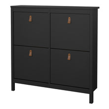 Load image into Gallery viewer, Barcelona Shoe cabinet 4 compartments in Matt Black Furniture To Go 72579665gmgm 5060653082193 A modern shoe cabinet with four storage compartments in a striking design complete with brown leather tab handles, also available in white Dimensions: 1029mm x 1024mm x 246mm (Height x Width x Depth) 
 High quality laminated board (resistant to damage and scratches, moisture and high temperature) 
 Made from PEFC Certified sustainable wood 
 Easy self assembly 
 Made in Denmark 
 High quality fixings and hinges us