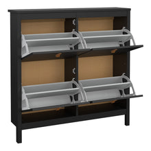 Load image into Gallery viewer, Barcelona Shoe cabinet 4 compartments in Matt Black Furniture To Go 72579665gmgm 5060653082193 A modern shoe cabinet with four storage compartments in a striking design complete with brown leather tab handles, also available in white Dimensions: 1029mm x 1024mm x 246mm (Height x Width x Depth) 
 High quality laminated board (resistant to damage and scratches, moisture and high temperature) 
 Made from PEFC Certified sustainable wood 
 Easy self assembly 
 Made in Denmark 
 High quality fixings and hinges us