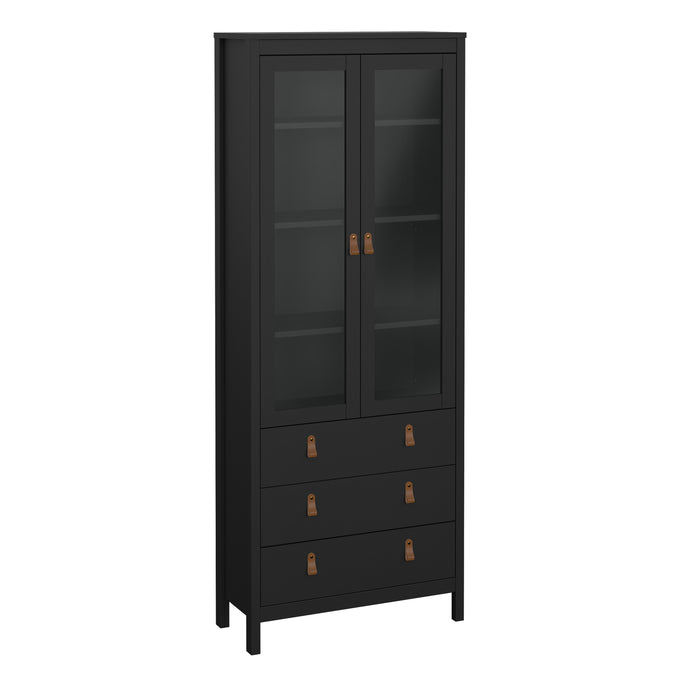 Barcelona China cabinet 2 doors w/glass + 3 drawers in Matt Black Furniture To Go 72579666gmgm 5060653082179 A modern glass display cabinet with two doors and three drawers in a striking design complete with brown leather tab handles, also available in white Dimensions: 1990mm x 778.5mm x 325mm (Height x Width x Depth) 
 High quality laminated board (resistant to damage and scratches, moisture and high temperature) 
 Made from PEFC Certified sustainable wood 
 Easy self assembly 
 Made in Denmark 
 Easy gli