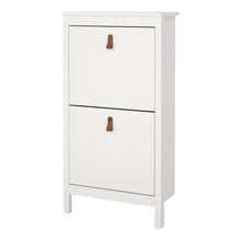 Load image into Gallery viewer, Barcelona Shoe Cabinet 2 Flap Door White Furniture To Go 725796834949 5060933422077 Introducing the Barcelona Shoe Cabinet with Two Flap Doors – a sophisticated and modern wardrobe designed to add an elegant touch to your space. With its sleek design and a simple metal handle, this two-door cabinet offers a perfect blend of style and functionality. For those seeking a bolder statement, it is also available in a contrasting white finish. Experience the essence of contemporary elegance with the Barcelona Shoe