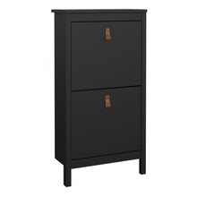 Load image into Gallery viewer, Barcelona Shoe Cabinet 2 flap doors Matt Black Furniture To Go 72579683gmgm 5060933422084 Introducing the Barcelona Shoe Cabinet with Two Flap Doors – a sophisticated and modern wardrobe designed to add an elegant touch to your space. With its sleek design and a simple metal handle, this two-door cabinet offers a perfect blend of style and functionality. For those seeking a bolder statement, it is also available in a contrasting matt black finish. Experience the essence of contemporary elegance with the Bar