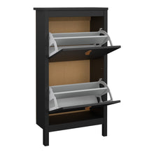 Load image into Gallery viewer, Barcelona Shoe Cabinet 2 flap doors Matt Black Furniture To Go 72579683gmgm 5060933422084 Introducing the Barcelona Shoe Cabinet with Two Flap Doors – a sophisticated and modern wardrobe designed to add an elegant touch to your space. With its sleek design and a simple metal handle, this two-door cabinet offers a perfect blend of style and functionality. For those seeking a bolder statement, it is also available in a contrasting matt black finish. Experience the essence of contemporary elegance with the Bar