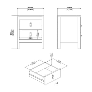 Madrid Bedside Table 2 drawers in White Furniture To Go 726796604949 5713035068116 A contemporary bedside table in an elegant design complete with a simple metal handle, also available in contrasting matt black Dimensions: 541mm x 436mm x 384mm (Height x Width x Depth) 
 High quality laminated board (resistant to damage and scratches, moisture and high temperature) 
 Made from PEFC Certified sustainable wood 
 Easy self assembly 
 Made in Denmark 
 Easy gliding drawer runners 
 Assembly instructions:
 
 htt