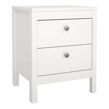 Load image into Gallery viewer, Madrid Bedside Table 2 drawers in White Furniture To Go 726796604949 5713035068116 A contemporary bedside table in an elegant design complete with a simple metal handle, also available in contrasting matt black Dimensions: 541mm x 436mm x 384mm (Height x Width x Depth) 
 High quality laminated board (resistant to damage and scratches, moisture and high temperature) 
 Made from PEFC Certified sustainable wood 
 Easy self assembly 
 Made in Denmark 
 Easy gliding drawer runners 
 Assembly instructions:
 
 htt