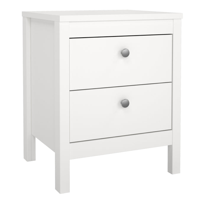 Madrid Bedside Table 2 drawers in White Furniture To Go 726796604949 5713035068116 A contemporary bedside table in an elegant design complete with a simple metal handle, also available in contrasting matt black Dimensions: 541mm x 436mm x 384mm (Height x Width x Depth) 
 High quality laminated board (resistant to damage and scratches, moisture and high temperature) 
 Made from PEFC Certified sustainable wood 
 Easy self assembly 
 Made in Denmark 
 Easy gliding drawer runners 
 Assembly instructions:
 
 htt