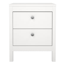 Load image into Gallery viewer, Madrid Bedside Table 2 drawers in White Furniture To Go 726796604949 5713035068116 A contemporary bedside table in an elegant design complete with a simple metal handle, also available in contrasting matt black Dimensions: 541mm x 436mm x 384mm (Height x Width x Depth) 
 High quality laminated board (resistant to damage and scratches, moisture and high temperature) 
 Made from PEFC Certified sustainable wood 
 Easy self assembly 
 Made in Denmark 
 Easy gliding drawer runners 
 Assembly instructions:
 
 htt