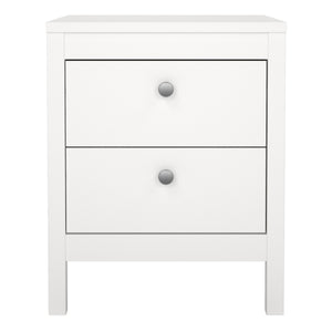 Madrid Bedside Table 2 drawers in White Furniture To Go 726796604949 5713035068116 A contemporary bedside table in an elegant design complete with a simple metal handle, also available in contrasting matt black Dimensions: 541mm x 436mm x 384mm (Height x Width x Depth) 
 High quality laminated board (resistant to damage and scratches, moisture and high temperature) 
 Made from PEFC Certified sustainable wood 
 Easy self assembly 
 Made in Denmark 
 Easy gliding drawer runners 
 Assembly instructions:
 
 htt