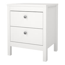 Load image into Gallery viewer, Madrid Bedside Table 2 drawers in White Furniture To Go 726796604949 5713035068116 A contemporary bedside table in an elegant design complete with a simple metal handle, also available in contrasting matt black Dimensions: 541mm x 436mm x 384mm (Height x Width x Depth) 
 High quality laminated board (resistant to damage and scratches, moisture and high temperature) 
 Made from PEFC Certified sustainable wood 
 Easy self assembly 
 Made in Denmark 
 Easy gliding drawer runners 
 Assembly instructions:
 
 htt