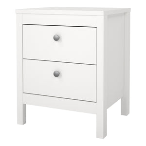 Madrid Bedside Table 2 drawers in White Furniture To Go 726796604949 5713035068116 A contemporary bedside table in an elegant design complete with a simple metal handle, also available in contrasting matt black Dimensions: 541mm x 436mm x 384mm (Height x Width x Depth) 
 High quality laminated board (resistant to damage and scratches, moisture and high temperature) 
 Made from PEFC Certified sustainable wood 
 Easy self assembly 
 Made in Denmark 
 Easy gliding drawer runners 
 Assembly instructions:
 
 htt