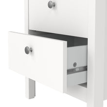 Load image into Gallery viewer, Madrid Bedside Table 2 drawers in White Furniture To Go 726796604949 5713035068116 A contemporary bedside table in an elegant design complete with a simple metal handle, also available in contrasting matt black Dimensions: 541mm x 436mm x 384mm (Height x Width x Depth) 
 High quality laminated board (resistant to damage and scratches, moisture and high temperature) 
 Made from PEFC Certified sustainable wood 
 Easy self assembly 
 Made in Denmark 
 Easy gliding drawer runners 
 Assembly instructions:
 
 htt