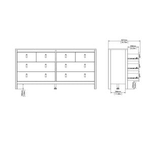 Madrid Double dresser 4+4 drawers in White Furniture To Go 726796634949 5713035068314 A contemporary chest of drawers in an elegant design complete with a simple metal handle, also available in contrasting matt black Dimensions: 797mm x 1594mm x 384mm (Height x Width x Depth) 
 High quality laminated board (resistant to damage and scratches, moisture and high temperature) 
 Made from PEFC Certified sustainable wood 
 Easy self assembly 
 Made in Denmark 
 Easy gliding drawer runners 
 Assembly instructions: