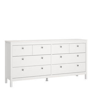 Madrid Double dresser 4+4 drawers in White Furniture To Go 726796634949 5713035068314 A contemporary chest of drawers in an elegant design complete with a simple metal handle, also available in contrasting matt black Dimensions: 797mm x 1594mm x 384mm (Height x Width x Depth) 
 High quality laminated board (resistant to damage and scratches, moisture and high temperature) 
 Made from PEFC Certified sustainable wood 
 Easy self assembly 
 Made in Denmark 
 Easy gliding drawer runners 
 Assembly instructions: