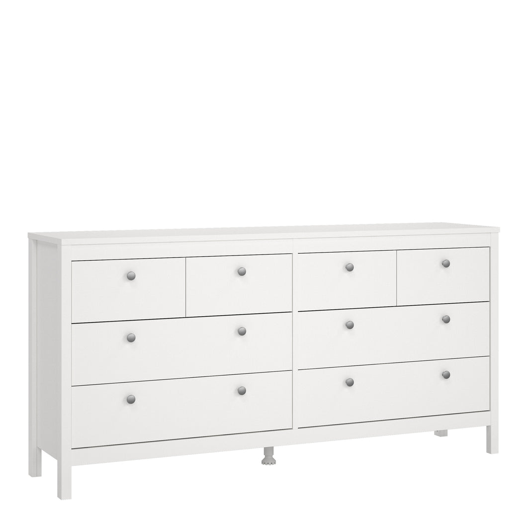 Madrid Double dresser 4+4 drawers in White Furniture To Go 726796634949 5713035068314 A contemporary chest of drawers in an elegant design complete with a simple metal handle, also available in contrasting matt black Dimensions: 797mm x 1594mm x 384mm (Height x Width x Depth) 
 High quality laminated board (resistant to damage and scratches, moisture and high temperature) 
 Made from PEFC Certified sustainable wood 
 Easy self assembly 
 Made in Denmark 
 Easy gliding drawer runners 
 Assembly instructions:
