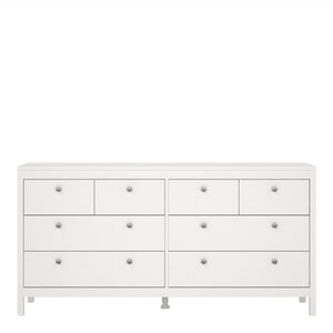 Madrid Double dresser 4+4 drawers in White Furniture To Go 726796634949 5713035068314 A contemporary chest of drawers in an elegant design complete with a simple metal handle, also available in contrasting matt black Dimensions: 797mm x 1594mm x 384mm (Height x Width x Depth) 
 High quality laminated board (resistant to damage and scratches, moisture and high temperature) 
 Made from PEFC Certified sustainable wood 
 Easy self assembly 
 Made in Denmark 
 Easy gliding drawer runners 
 Assembly instructions: