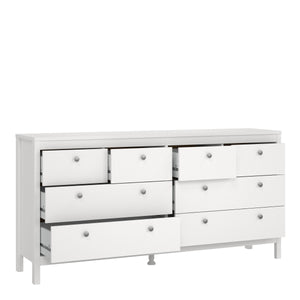 Madrid Double dresser 4+4 drawers in White Furniture To Go 726796634949 5713035068314 A contemporary chest of drawers in an elegant design complete with a simple metal handle, also available in contrasting matt black Dimensions: 797mm x 1594mm x 384mm (Height x Width x Depth) 
 High quality laminated board (resistant to damage and scratches, moisture and high temperature) 
 Made from PEFC Certified sustainable wood 
 Easy self assembly 
 Made in Denmark 
 Easy gliding drawer runners 
 Assembly instructions: